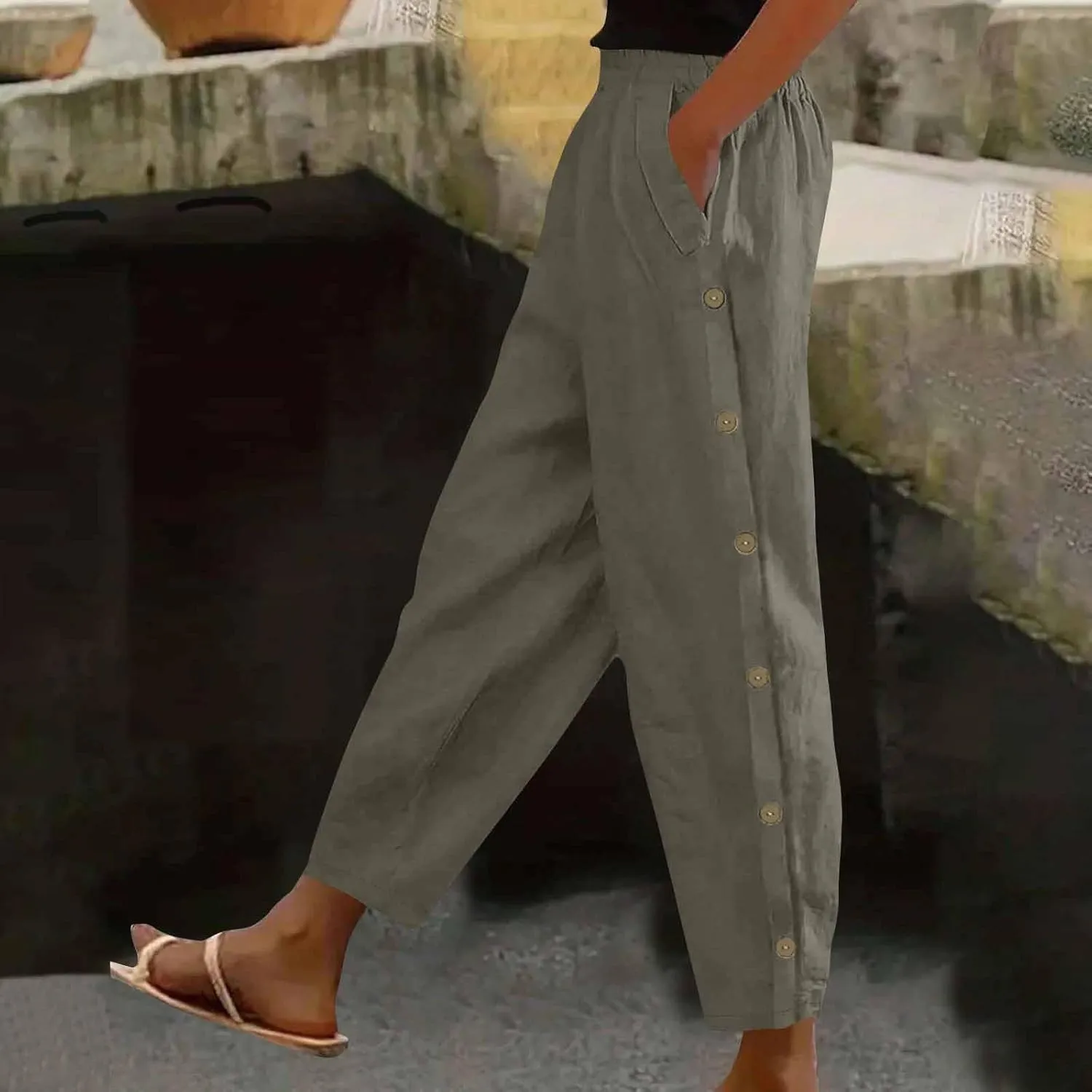 Linen Pants for Women 2025 Summer Elastic High Waisted Straight Leg Lounge Pant Lightweight Comfy Beach Trousers