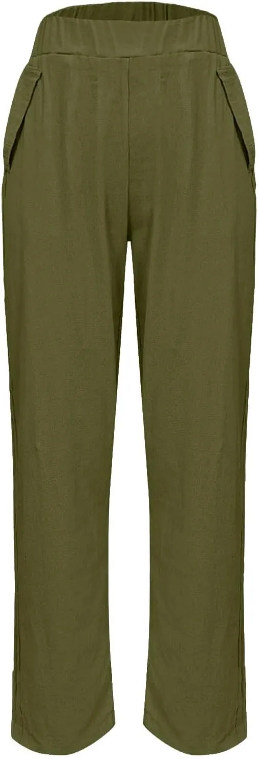 Linen Pants for Women High Waist Pants Plus Drawstring Elastic Waist Pants Trousers with Pockets Summer Casual Pants