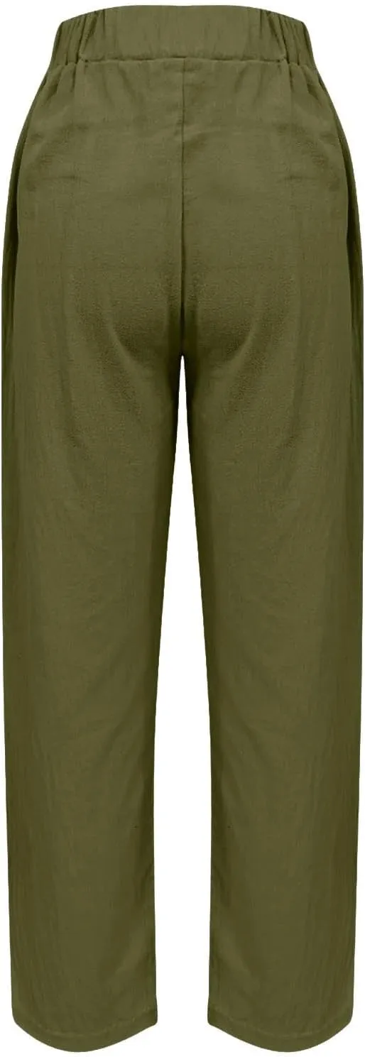 Linen Pants for Women High Waist Pants Plus Drawstring Elastic Waist Pants Trousers with Pockets Summer Casual Pants
