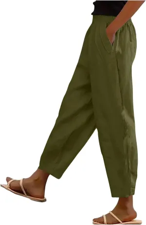 Linen Pants for Women High Waist Pants Plus Drawstring Elastic Waist Pants Trousers with Pockets Summer Casual Pants