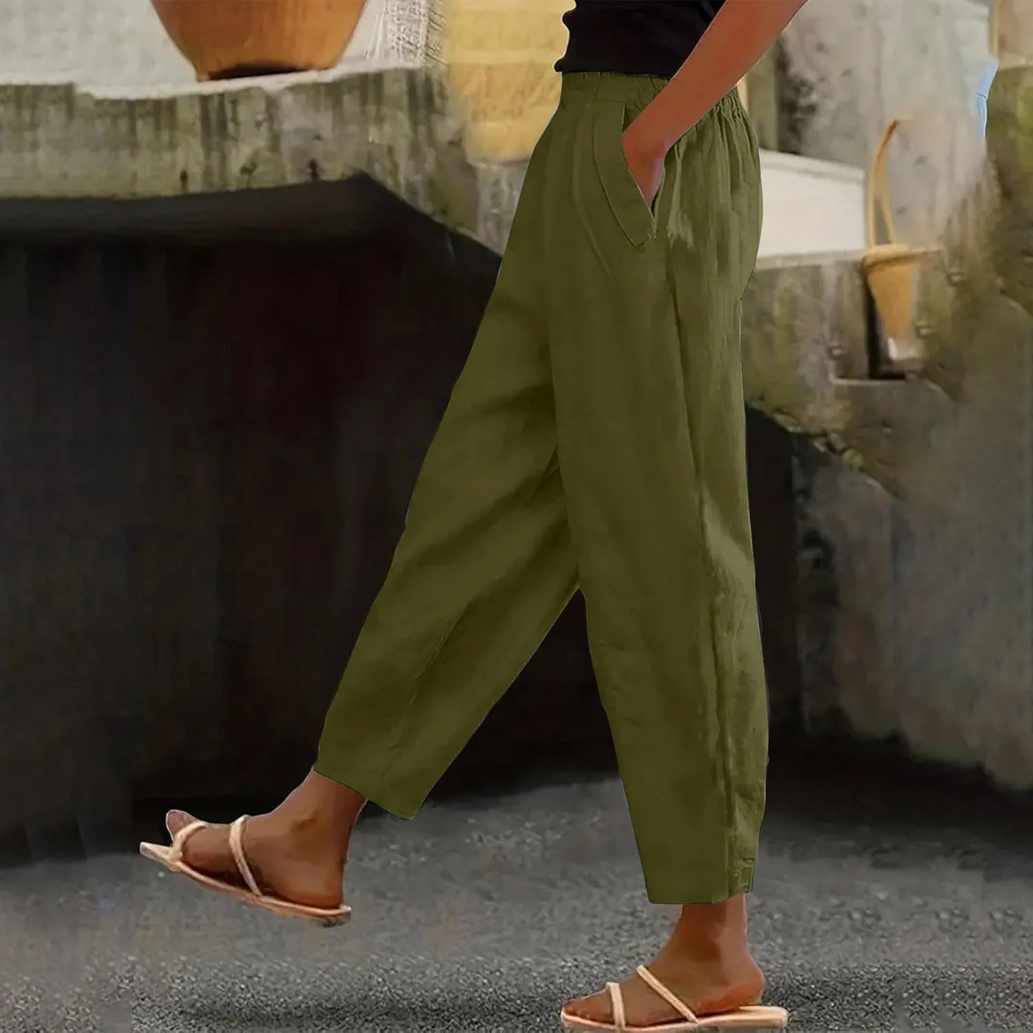 Linen Pants for Women High Waist Pants Plus Drawstring Elastic Waist Pants Trousers with Pockets Summer Casual Pants