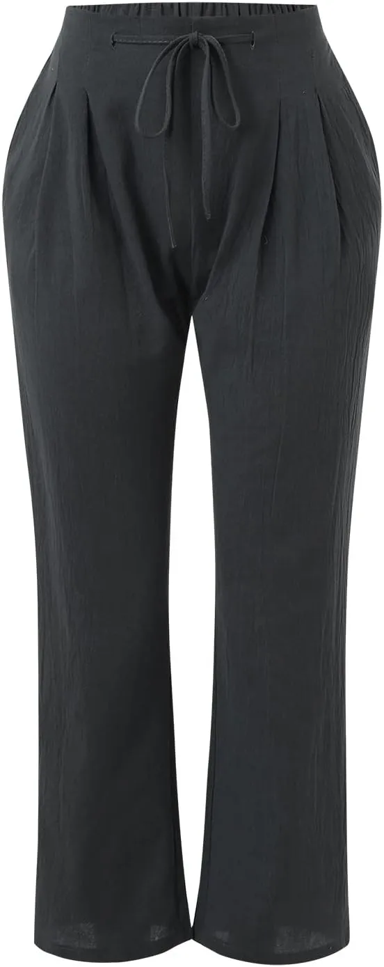 Linen Pants for Women Summer 2024 High Waist Drawstring Loose Fit Straight Leg Lounge Trouser with Side Pockets