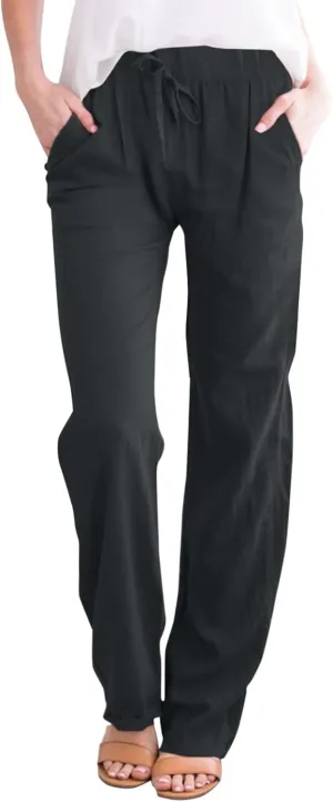 Linen Pants for Women Summer 2024 High Waist Drawstring Loose Fit Straight Leg Lounge Trouser with Side Pockets