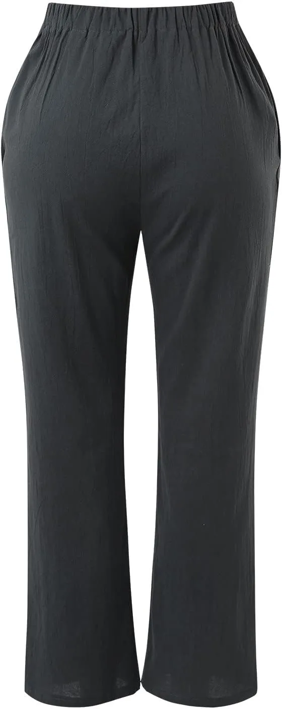 Linen Pants for Women Summer 2024 High Waist Drawstring Loose Fit Straight Leg Lounge Trouser with Side Pockets