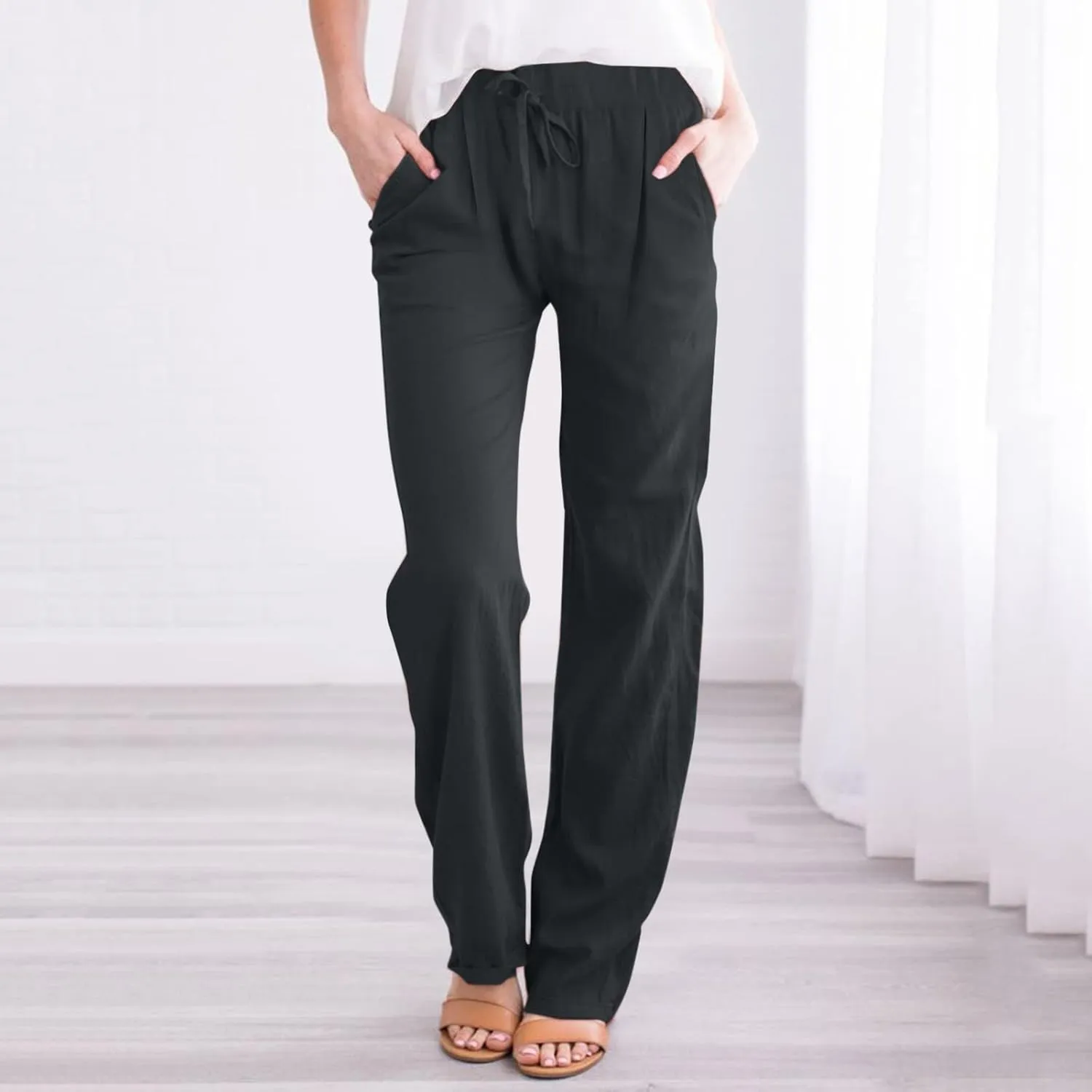 Linen Pants for Women Summer 2024 High Waist Drawstring Loose Fit Straight Leg Lounge Trouser with Side Pockets
