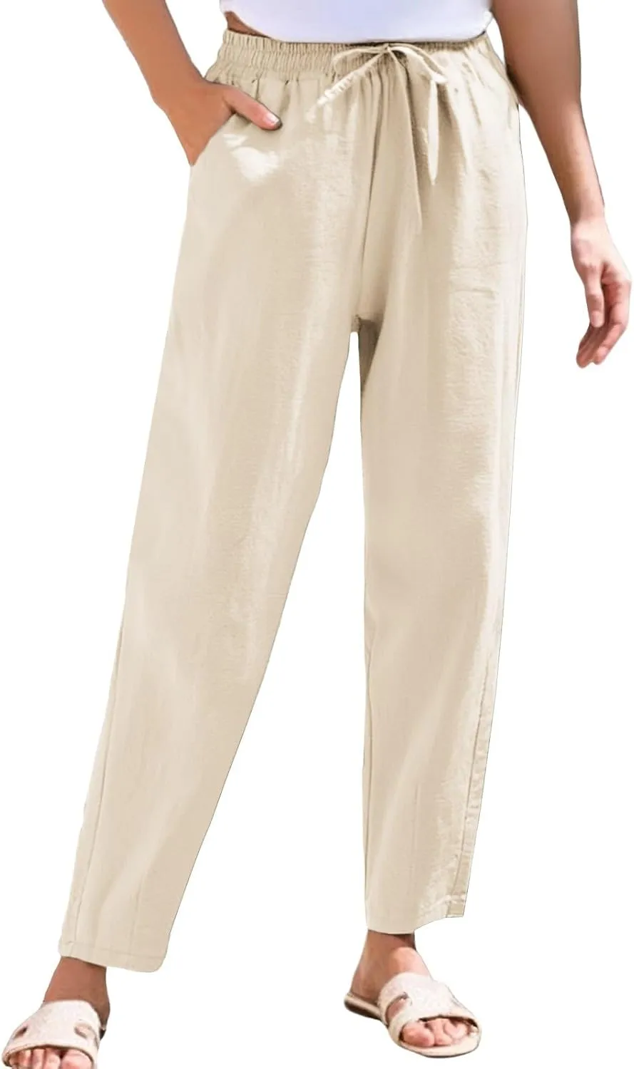 Linen Pants for Women Summer Beach Lounge Elastic Drawstring Casual Trousers with Pockets Travel Vacation