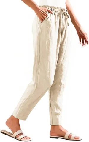 Linen Pants for Women Summer Beach Lounge Elastic Drawstring Casual Trousers with Pockets Travel Vacation