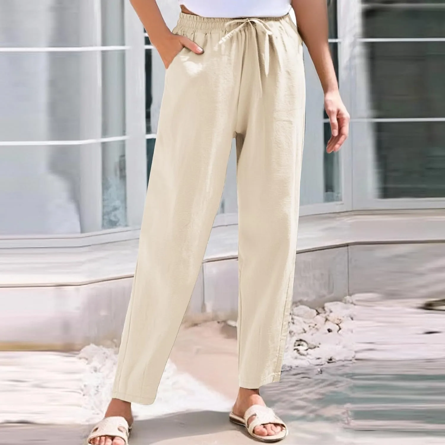Linen Pants for Women Summer Beach Lounge Elastic Drawstring Casual Trousers with Pockets Travel Vacation