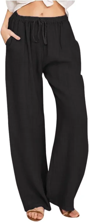 Linen Pants for Women Summer Beach Wide Leg Lounge Pant Elastic Drawstring Casual Trousers with Pockets