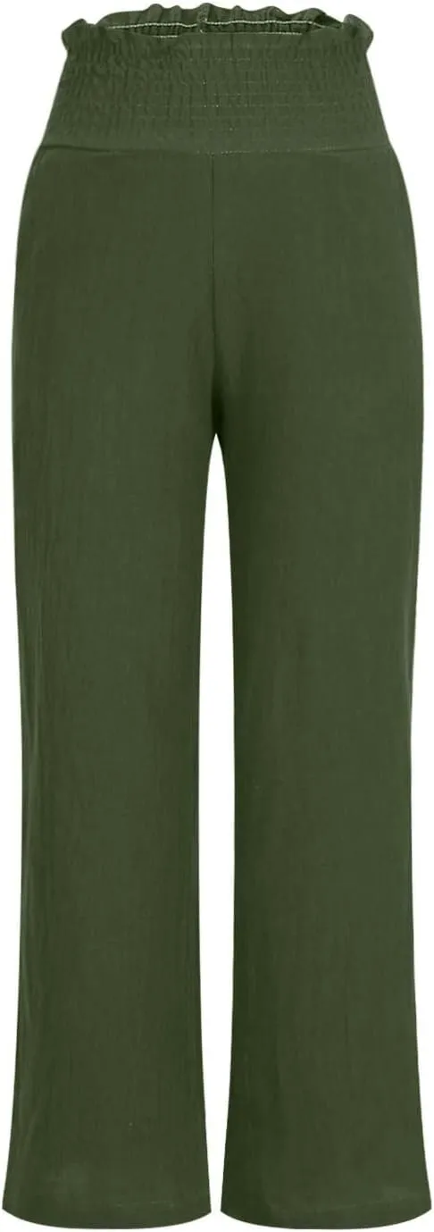Linen Pants for Women Summer Casual Straight Leg Drawstring Trousers Elastic Waist Cropped Beach Pants with Pocket