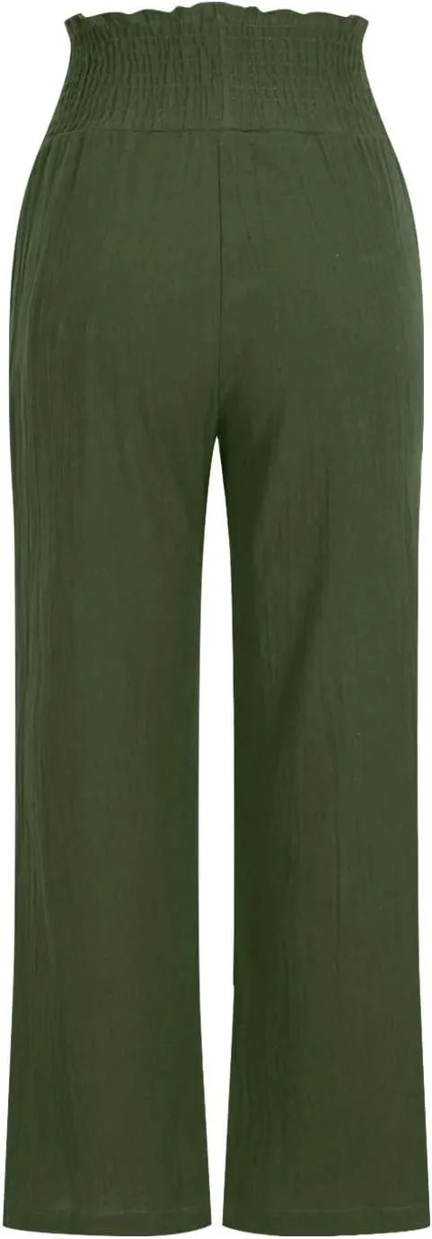 Linen Pants for Women Summer Casual Straight Leg Drawstring Trousers Elastic Waist Cropped Beach Pants with Pocket