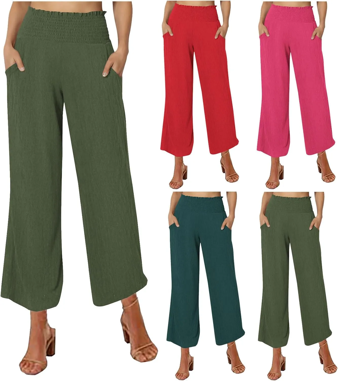 Linen Pants for Women Summer Casual Straight Leg Drawstring Trousers Elastic Waist Cropped Beach Pants with Pocket