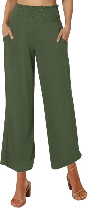 Linen Pants for Women Summer Casual Straight Leg Drawstring Trousers Elastic Waist Cropped Beach Pants with Pocket