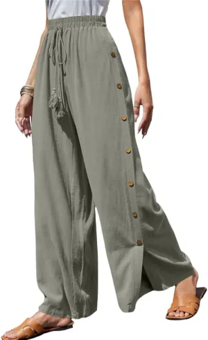 Linen Pants for Women Summer Trendy High Side Split Snap Button Pants Womens Wide Leg Beach Pants S-3XL
