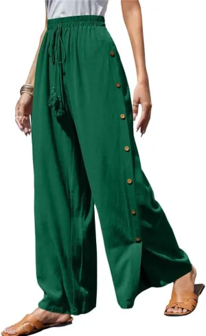 Linen Pants for Women Summer Trendy High Side Split Snap Button Pants Womens Wide Leg Beach Pants S-3XL