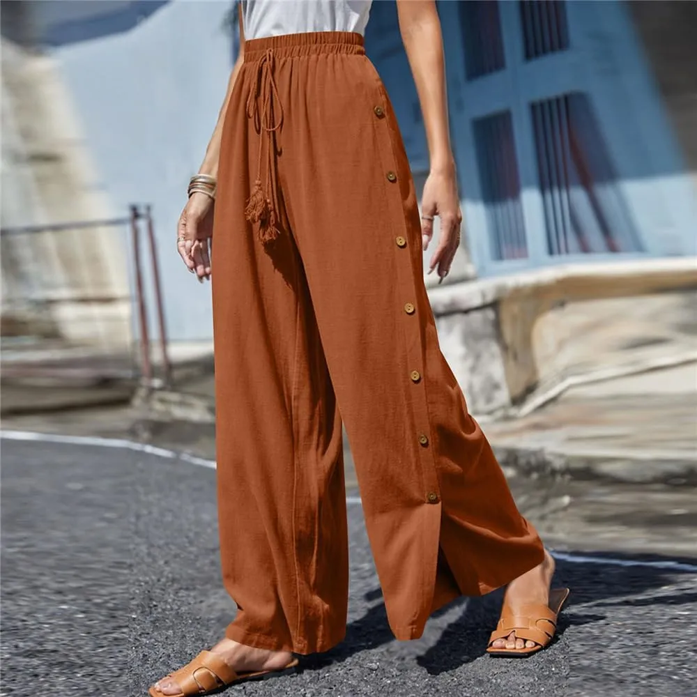 Linen Pants for Women Summer Trendy High Side Split Snap Button Pants Womens Wide Leg Beach Pants S-3XL