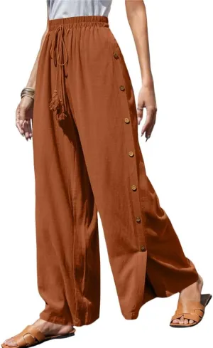 Linen Pants for Women Summer Trendy High Side Split Snap Button Pants Womens Wide Leg Beach Pants S-3XL
