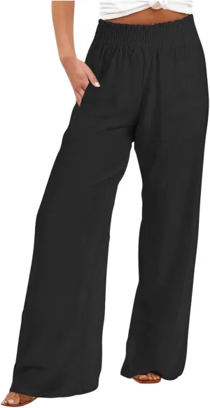 Linen Pants for Women's Smocked High Waist Palazzo Pants Summer Flowy Long Pants Wide Leg Beach Trousers with Pockets