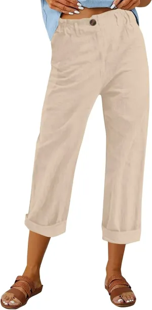 Linen Pants Women 2025 Capri Casual Elastic Waist Cropped Trouser Fashion Summer Resort Wear Beach Vacation Capris