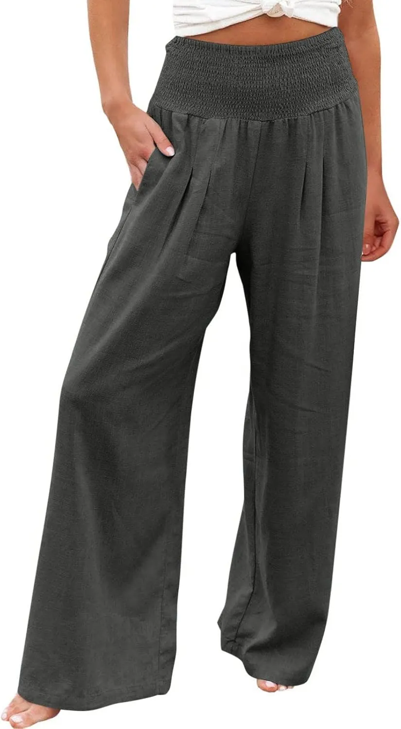 Linen Pants Women 2025 Summer Flowy Palazzo Pants Wide Leg Beach Pants High Waisted Lounge Vacation Trousers