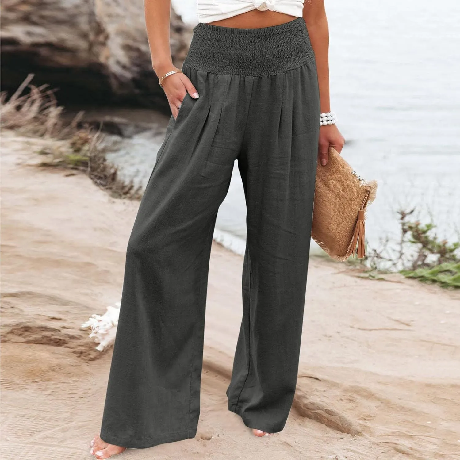 Linen Pants Women 2025 Summer Flowy Palazzo Pants Wide Leg Beach Pants High Waisted Lounge Vacation Trousers