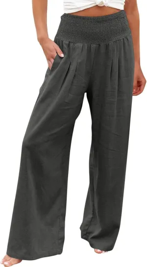 Linen Pants Women 2025 Summer Flowy Palazzo Pants Wide Leg Beach Pants High Waisted Lounge Vacation Trousers