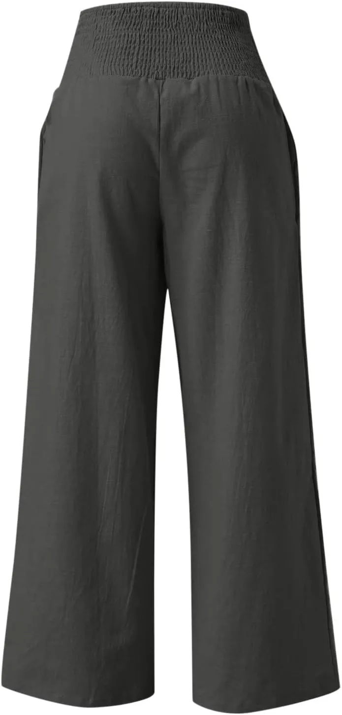 Linen Pants Women 2025 Summer Flowy Palazzo Pants Wide Leg Beach Pants High Waisted Lounge Vacation Trousers