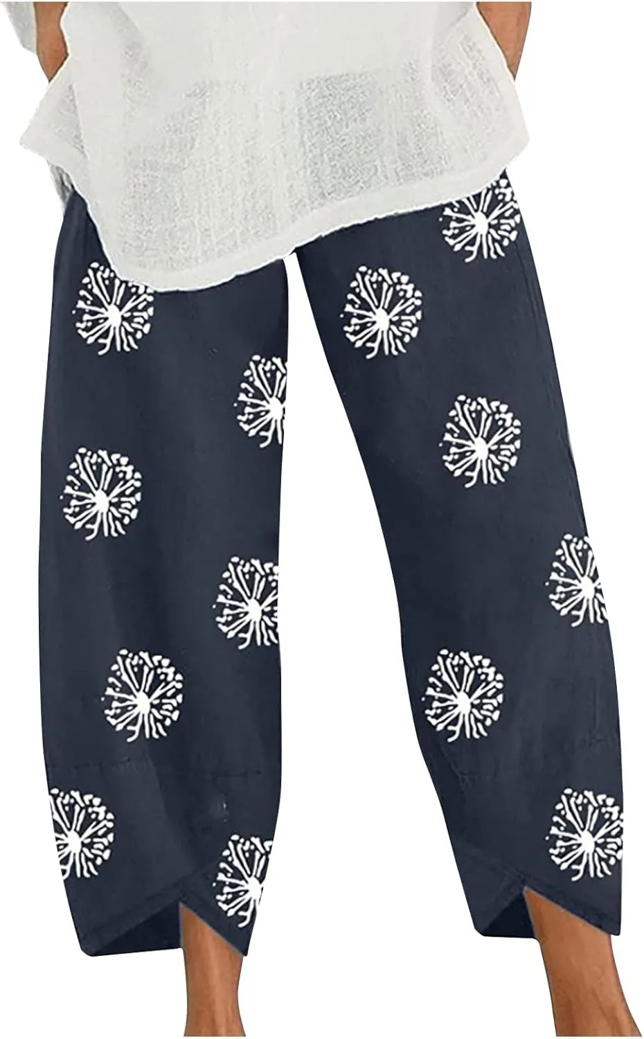 Linen Pants Women Casual Summer Cotton Cropped Tulip Pants Baggy Elastic Waisted Lounge Pants Trousers with Pockets