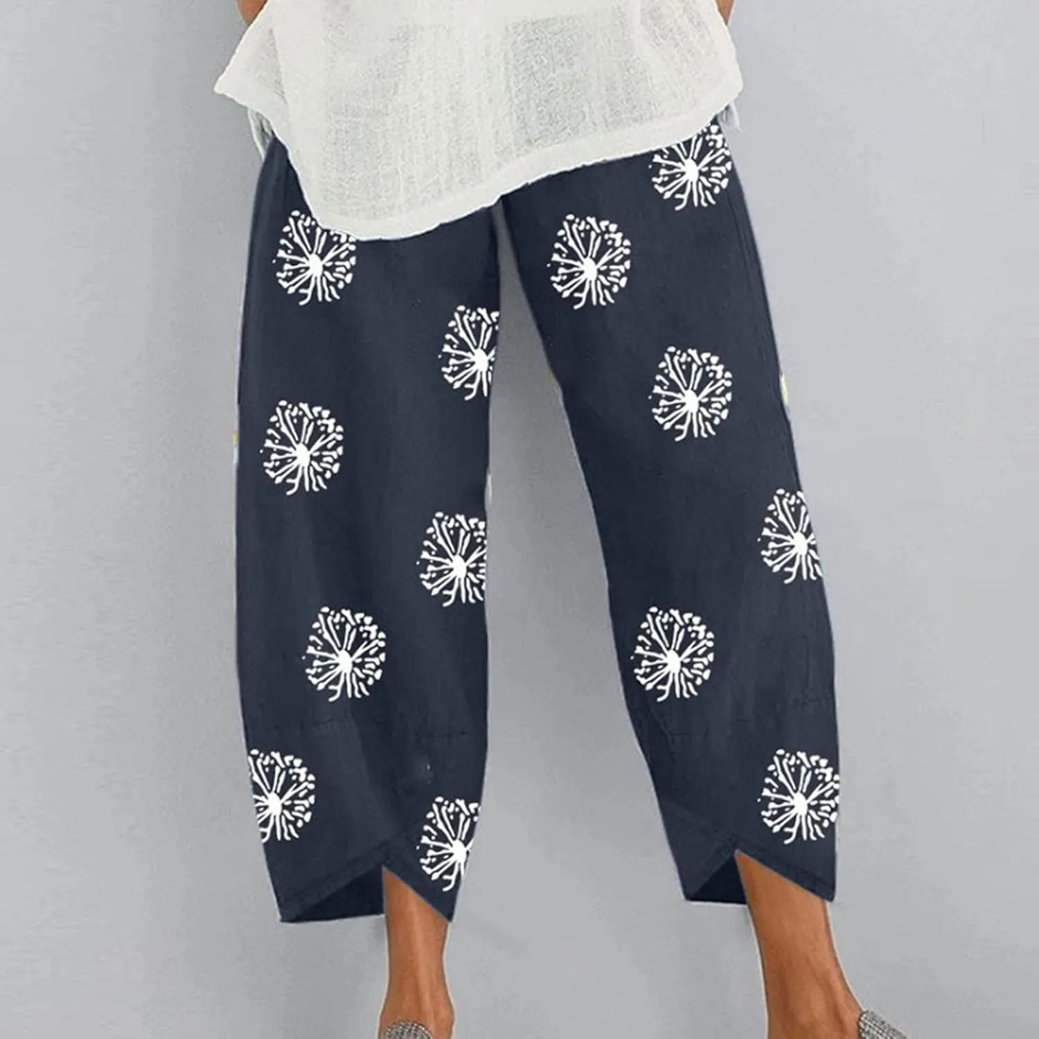 Linen Pants Women Casual Summer Cotton Cropped Tulip Pants Baggy Elastic Waisted Lounge Pants Trousers with Pockets