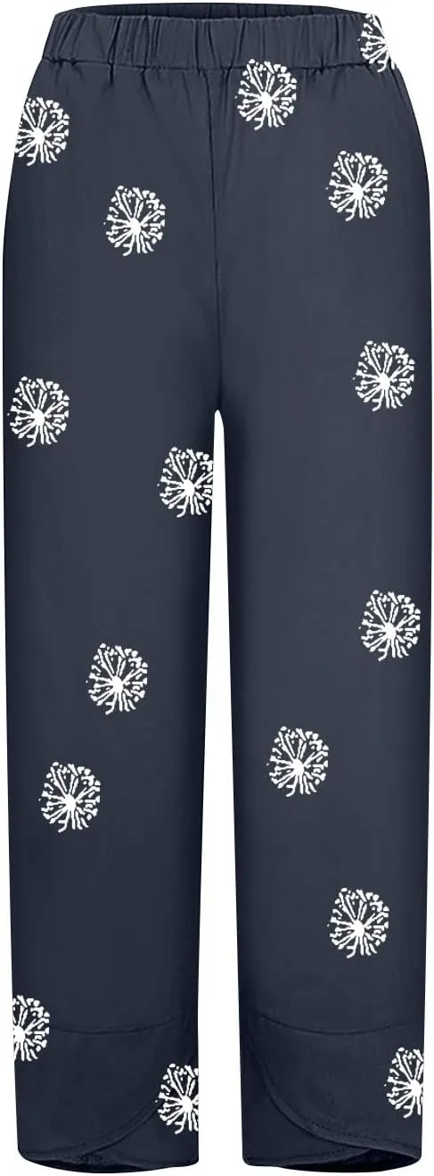 Linen Pants Women Casual Summer Cotton Cropped Tulip Pants Baggy Elastic Waisted Lounge Pants Trousers with Pockets