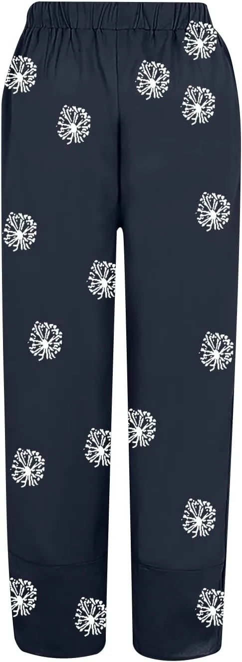 Linen Pants Women Casual Summer Cotton Cropped Tulip Pants Baggy Elastic Waisted Lounge Pants Trousers with Pockets