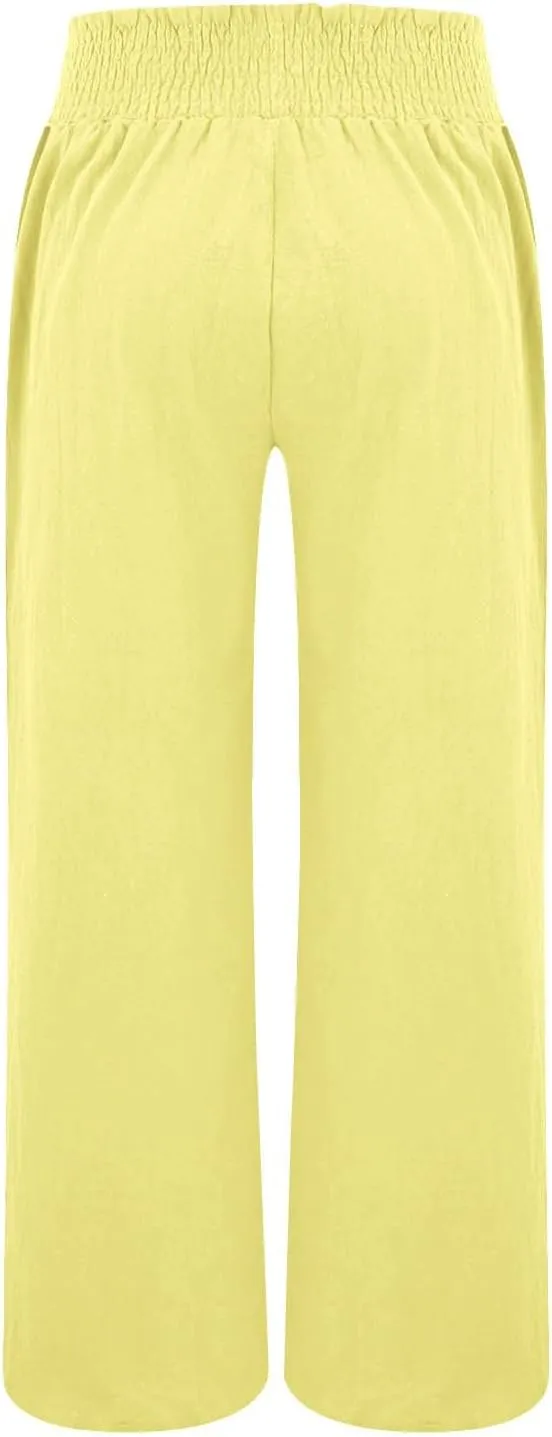 Linen Pants Women Elastic High Waisted Wide Leg Boho Palazzo Capri Pants Lounge Summer Harem Work Pants Trousers 2025