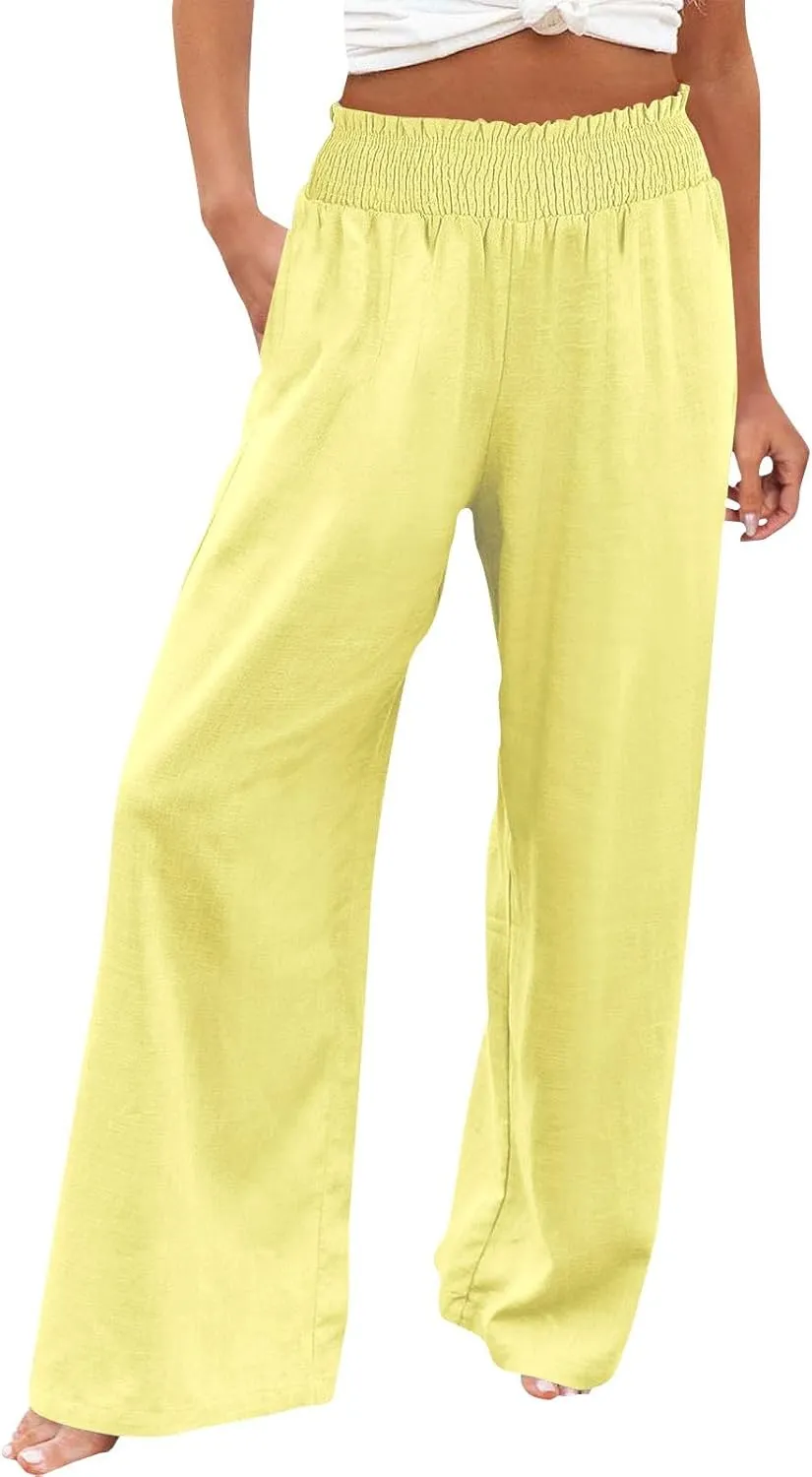 Linen Pants Women Elastic High Waisted Wide Leg Boho Palazzo Capri Pants Lounge Summer Harem Work Pants Trousers 2025