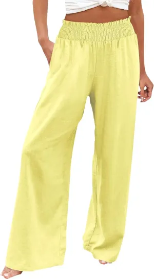 Linen Pants Women Elastic High Waisted Wide Leg Boho Palazzo Capri Pants Lounge Summer Harem Work Pants Trousers 2025