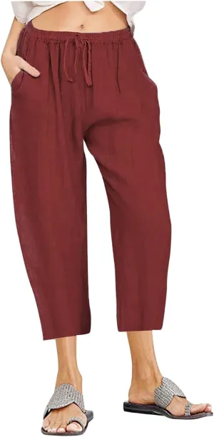 Linen Pants Women Petite Length Womens Linen Pants Casual Straight Fit Elastic Waisted Drawsting Trousers Pockets