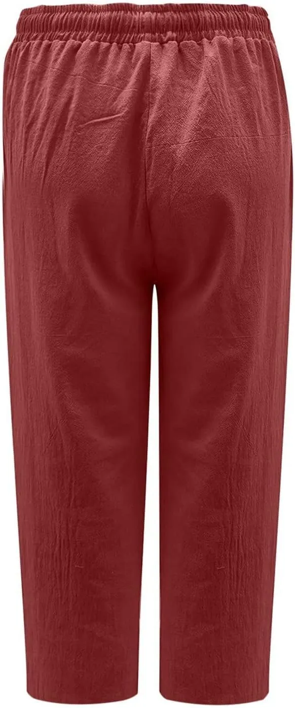 Linen Pants Women Petite Length Womens Linen Pants Casual Straight Fit Elastic Waisted Drawsting Trousers Pockets