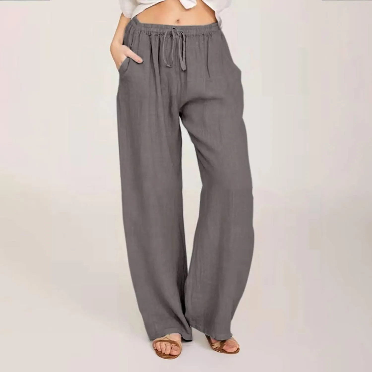 Linen Pants Women Summer High Waisted Pants Casual Wide Leg Pant Drawstring Elastic Waist Pant Flowy Beach Trousers