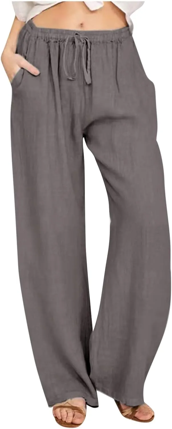 Linen Pants Women Summer High Waisted Pants Casual Wide Leg Pant Drawstring Elastic Waist Pant Flowy Beach Trousers