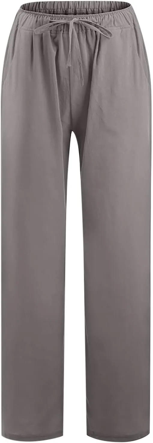 Linen Pants Women Summer High Waisted Pants Casual Wide Leg Pant Drawstring Elastic Waist Pant Flowy Beach Trousers