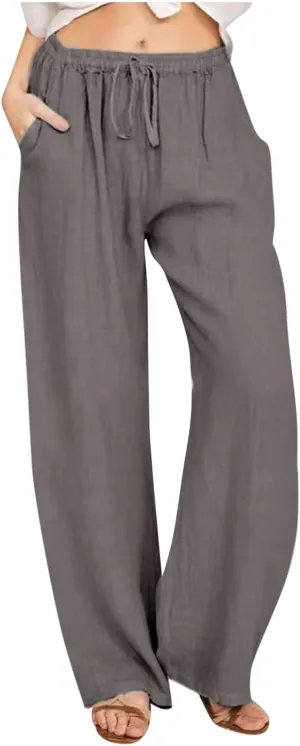 Linen Pants Women Summer High Waisted Pants Casual Wide Leg Pant Drawstring Elastic Waist Pant Flowy Beach Trousers