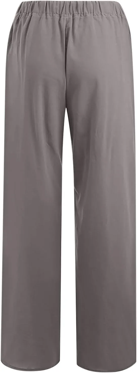 Linen Pants Women Summer High Waisted Pants Casual Wide Leg Pant Drawstring Elastic Waist Pant Flowy Beach Trousers