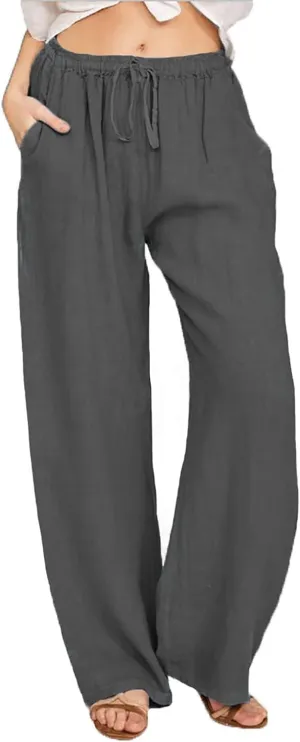 Linen Pants Women Summer Striped Wide Leg Pants Drawstring Elastic High Waisted Lounge Pants Casual Beach Trousers