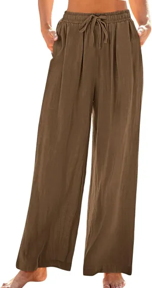 Linen Pants Women Wide Leg Lounge Beach Pants Summer High Wiasted Drawstring Travel Work Trousers with Pockets