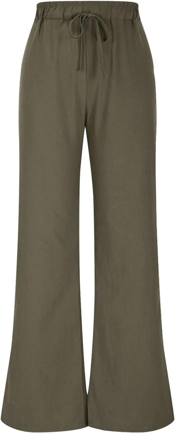 Linen Pants Women Wide Leg Lounge Beach Pants Summer High Wiasted Drawstring Travel Work Trousers with Pockets