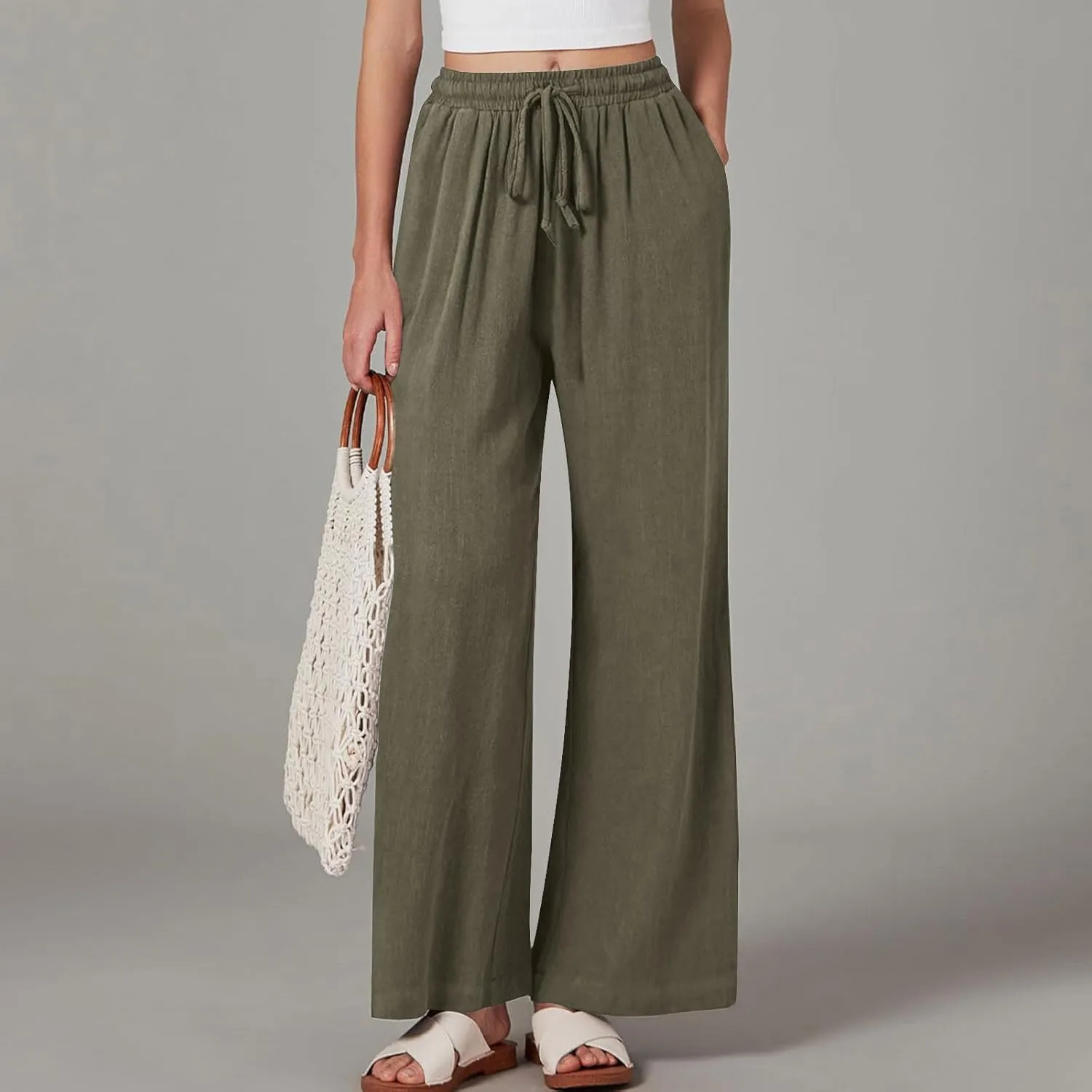 Linen Pants Women Wide Leg Lounge Beach Pants Summer High Wiasted Drawstring Travel Work Trousers with Pockets