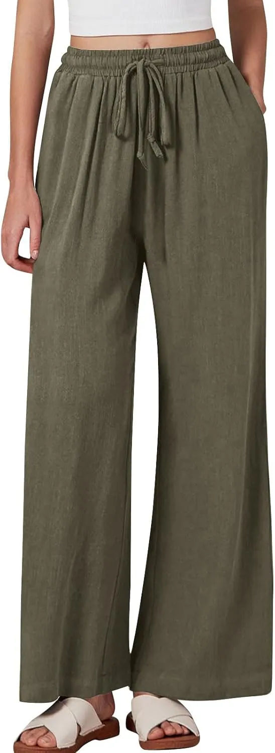 Linen Pants Women Wide Leg Lounge Beach Pants Summer High Wiasted Drawstring Travel Work Trousers with Pockets