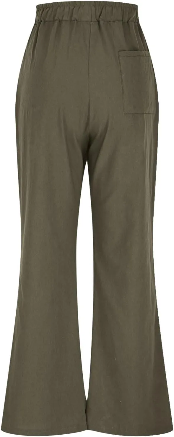 Linen Pants Women Wide Leg Lounge Beach Pants Summer High Wiasted Drawstring Travel Work Trousers with Pockets