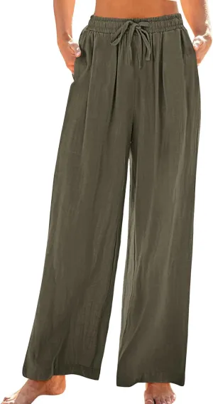 Linen Pants Women Wide Leg Lounge Beach Pants Summer High Wiasted Drawstring Travel Work Trousers with Pockets