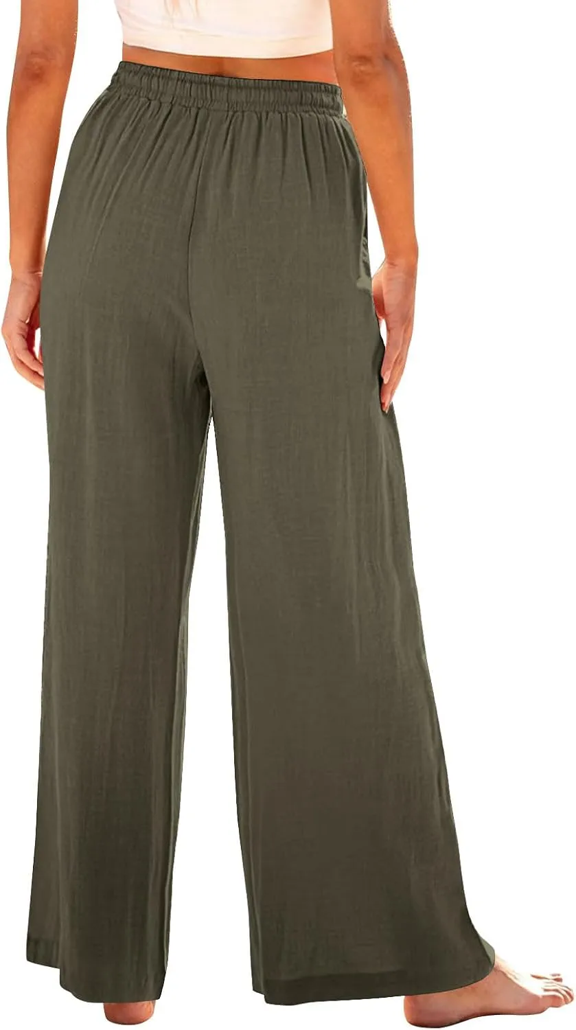 Linen Pants Women Wide Leg Lounge Beach Pants Summer High Wiasted Drawstring Travel Work Trousers with Pockets