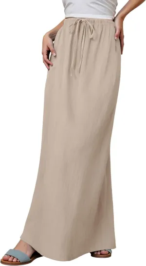 Linen Skirts for Women Summer Drawstring Waist A Line Skirt Cute Vacation Boho Long Flowy Skirts